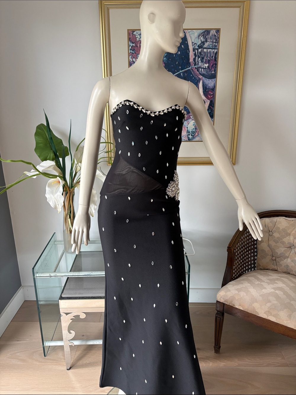 Black Strapless Evening Dress with Crystal Accents